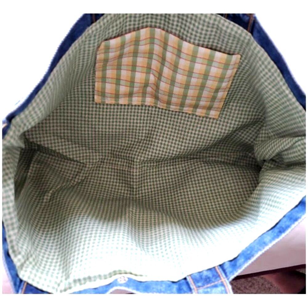 Handmade Artisan Denim Toile Tote Bag Green Floral Tassel Trim Gingham Lined OS - Picture 4 of 7